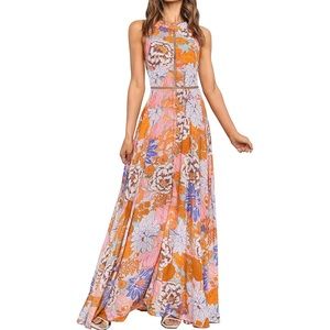 Summer Halter Neck Floral Print Backless Split Beach Party Maxi Dress,Tangerine